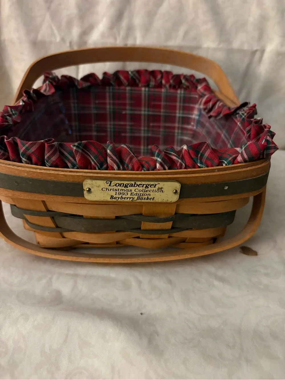 Longaberger Bayberry Christmas Basket with plaid liner and plastic protector